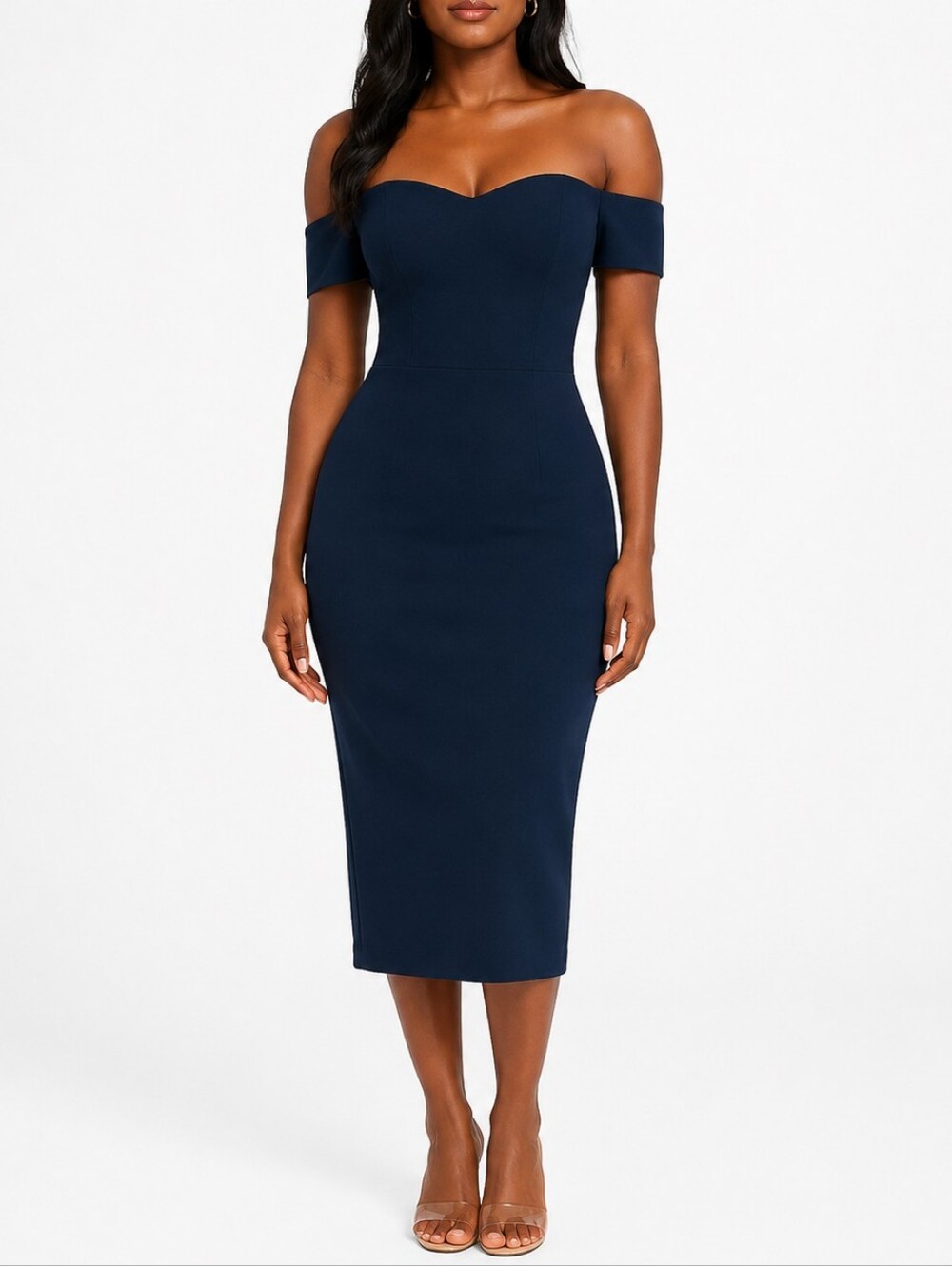 Dress The Population Navy Bailey Off-The-Shoulder Midi Dress